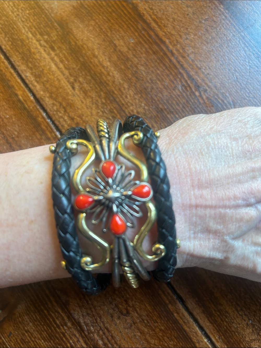 American West Southwest Sterling, brass,leather  and coral cuff